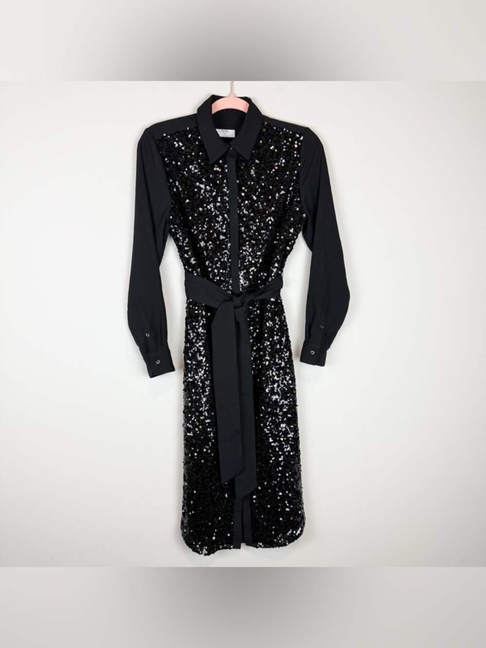 Untuckit Black Sequin Crepe Lexie Shirt Dress Long Sleeve Midi Size 6 - Picture 3 of 11